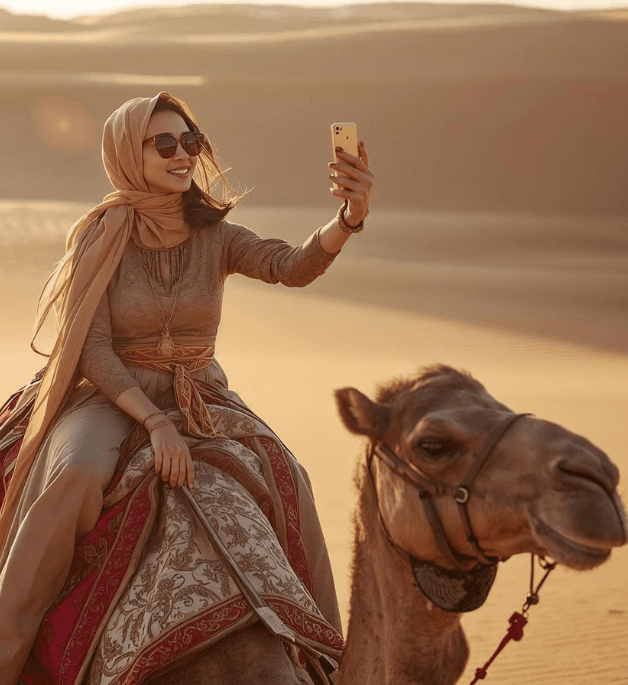 Woman taking a selfie during a sunset camel ride before the Agafay Desert Dinner Show