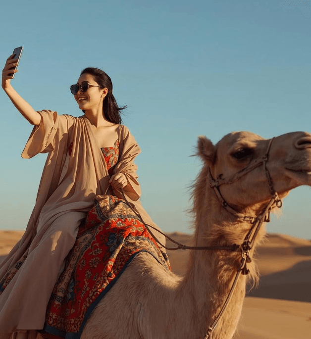 Woman taking a selfie during a sunset camel ride before the Agafay Desert Dinner Show