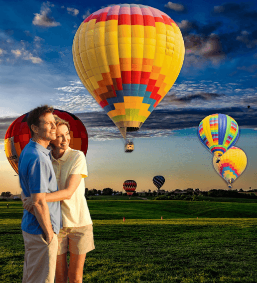 Couple enjoying a romantic hot air balloon Marrakech flight at sunrise