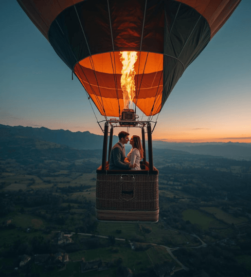 Couple enjoying a romantic hot air balloon marrakech flight at sunrise